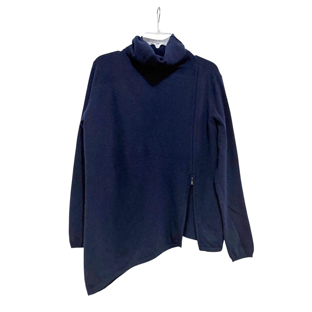 Magaschoni Navy Blue 100% Cashmere Asymmetrical Turtleneck Zipper Sweater Medium